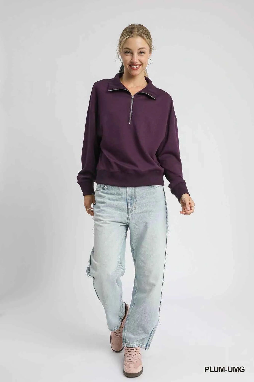 Umgee Half Zip Drop Shoulder Sweatshirt 73c188f3-4e9b-48b0-9c1d-d9b9fd1dfa47-Max-Origin