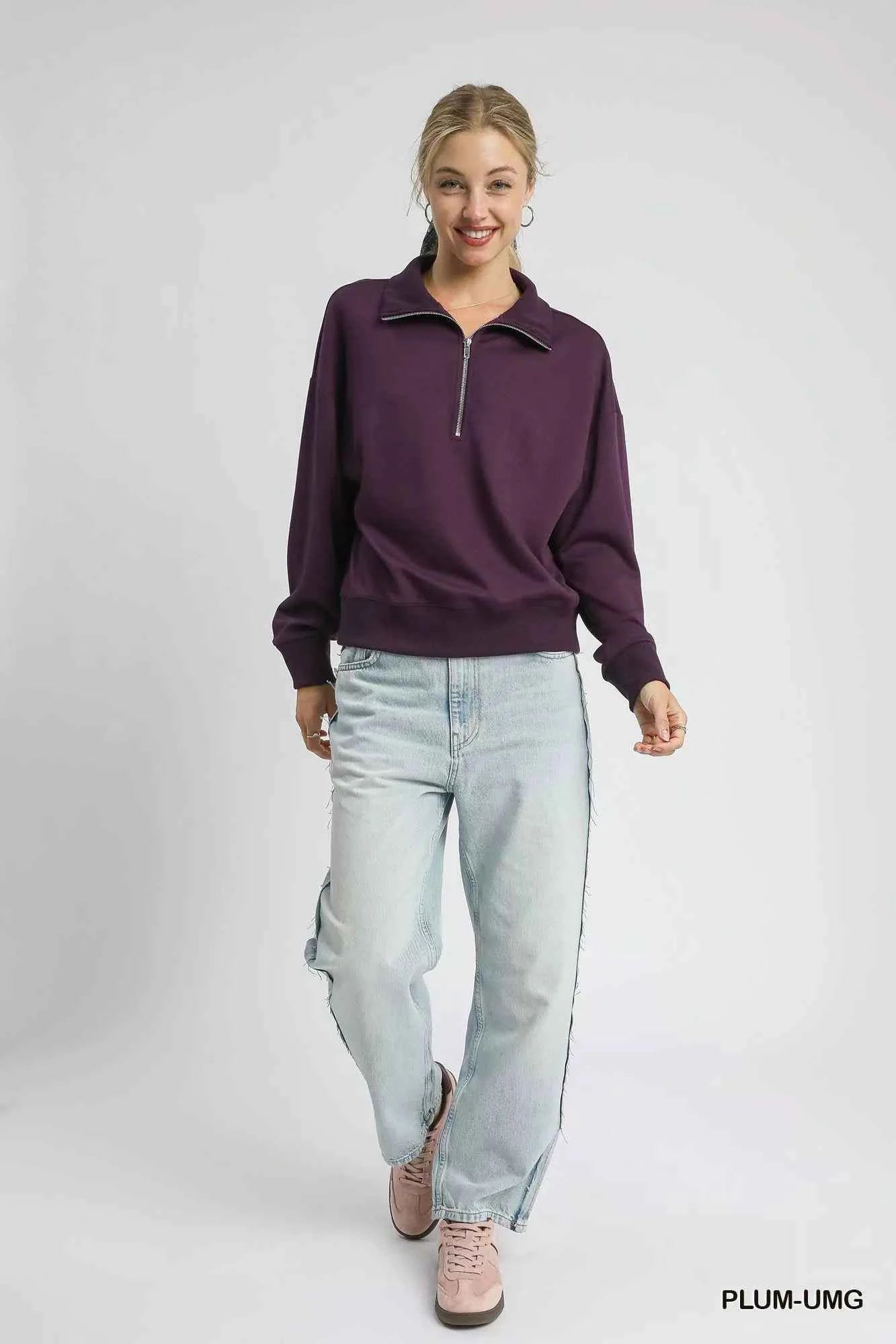 Umgee Half Zip Drop Shoulder Sweatshirt 73c188f3-4e9b-48b0-9c1d-d9b9fd1dfa47-Max-Origin