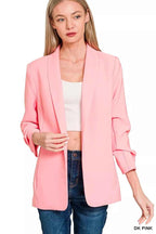 Zenana Woven 3/4 Ruched Sleeve Open Front Classic Blazer DK PINK 73c73147bdd44574b930971f25fc5b43-Max-Origin