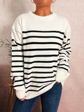 Striped Round Neck Drop Shoulder Sweater White One Size 73c772de060d47fe868596f831dd02b2-Max-Origin