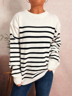 Striped Round Neck Drop Shoulder Sweater White One Size 73c772de060d47fe868596f831dd02b2-Max-Origin