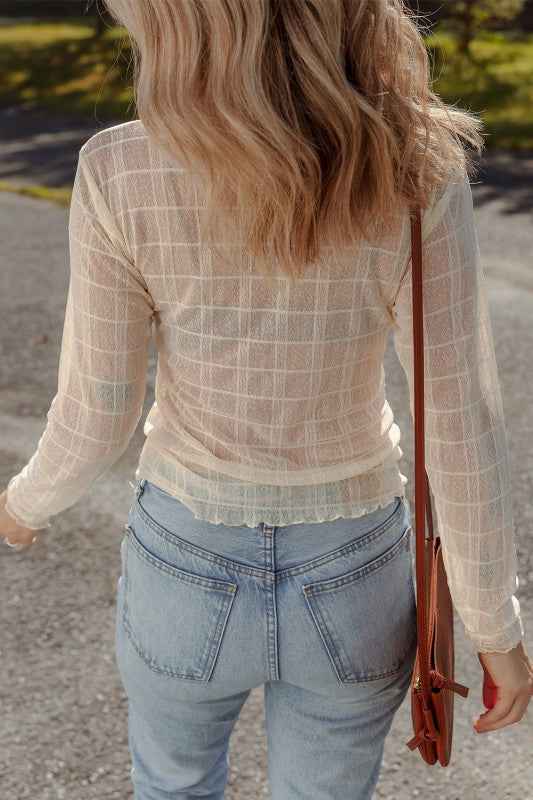 Sheer Plaid Mesh Lettuce Trim Long Sleeve Top 73ca7b03-9f51-4ad5-9732-7eb48b438435
