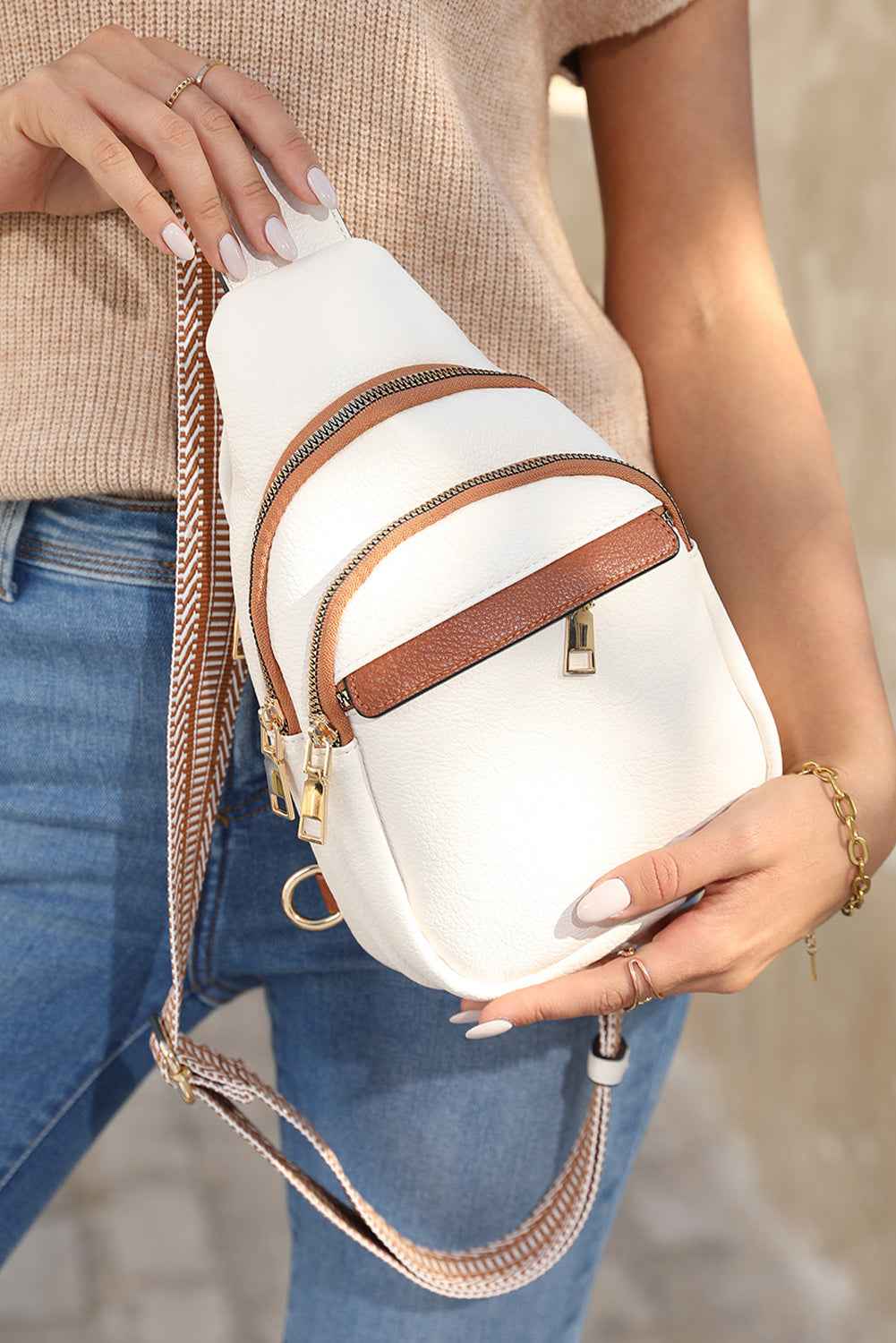White Casual PU Multi Zipped Street Sling Bag 73cc2007b718bc7c