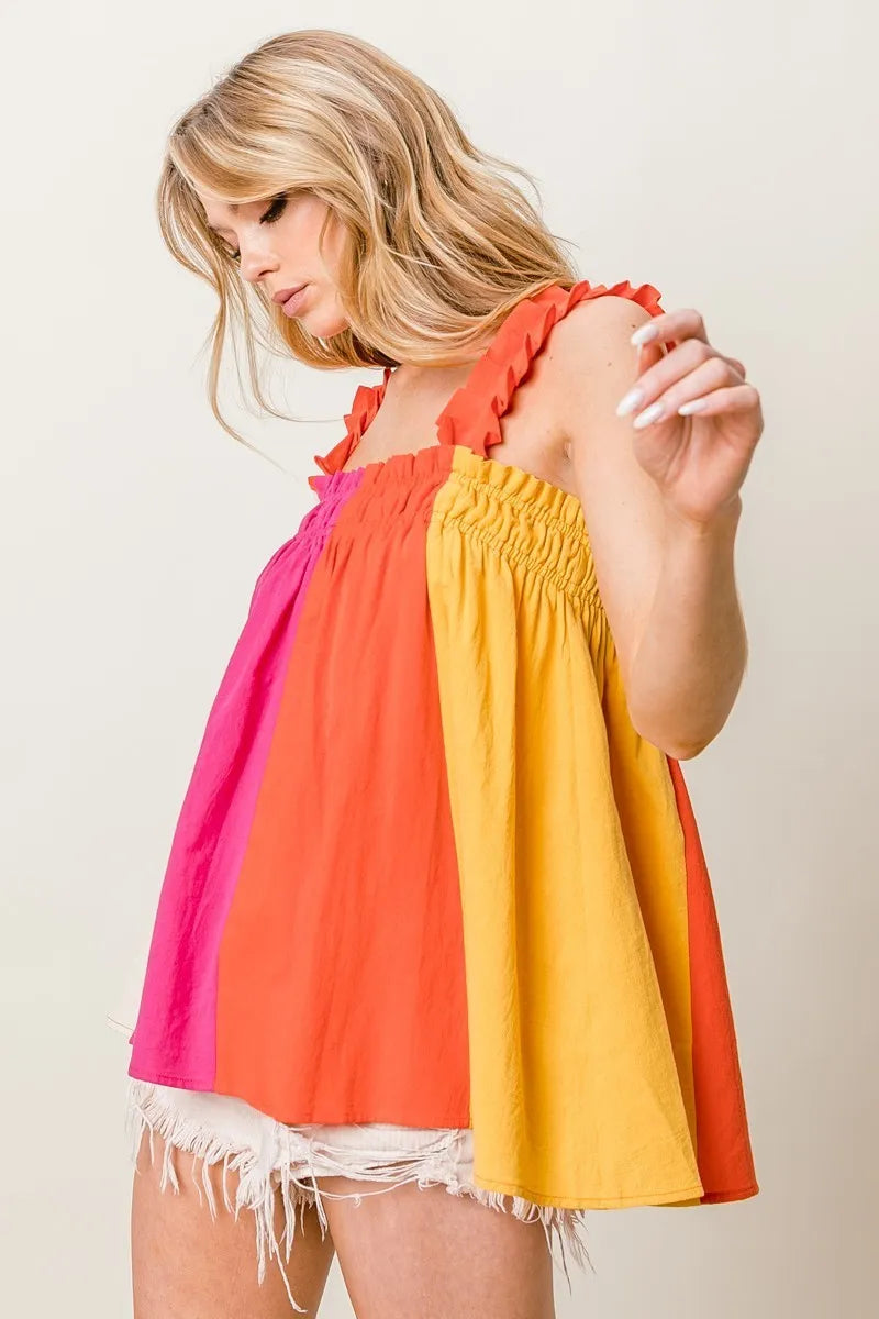 BiBi Frill Shoulder Strap Color Block Bodice Top 73ce68b41afb43f39c0967f4056bd166-Max-Origin