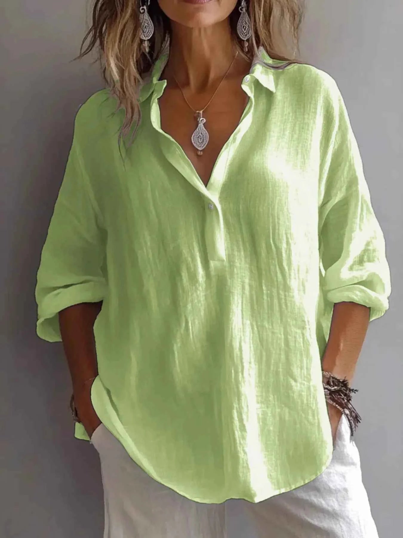 Collared Neck Long Sleeve Shirt Green 73cf209dffba46828a73ce51c9794297-Max-Origin