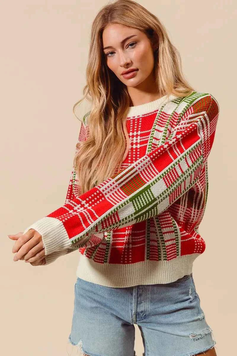 SO ME Christmas Color Checkered Plaid Crew Neck Sweater 73d1ad7a9f52475f9121f3163172f9c2-Max-Origin