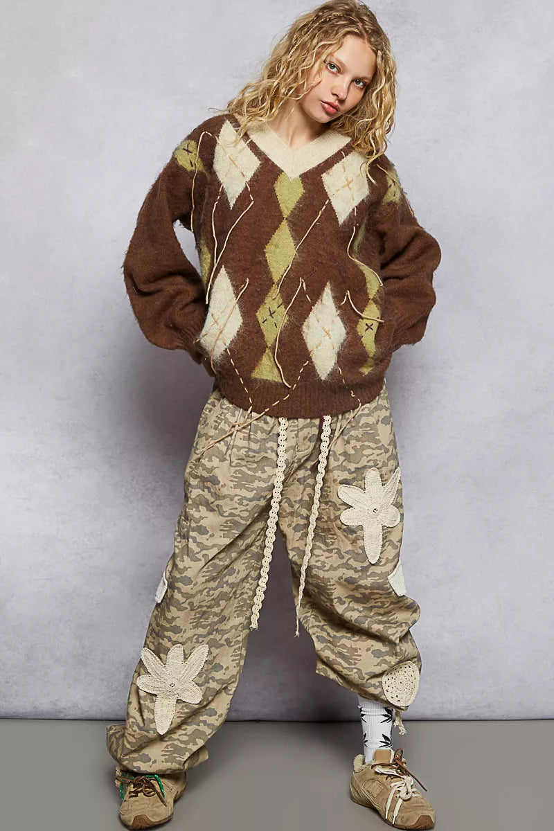 POL V-Neck Argyle Pattern Mohair Sweater with Contrast Exposed Stitch Detail 73d20e80-f4f3-4111-85d6-fdf06dbe4bb3-Max-Origin