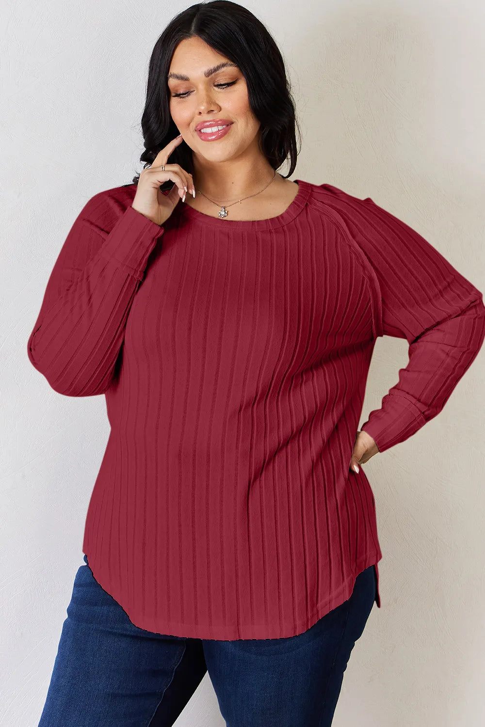 Basic Bae Full Size Ribbed Round Neck Slit T-Shirt 73de0de5-df2a-40a8-8adf-6fd6f0055126-Max