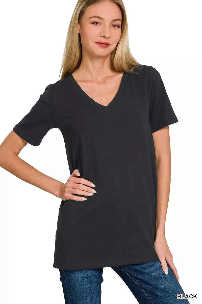 Zenana V-Neck Short Sleeve T-Shirt BLACK 73e012ccc37d472ab2cb2efaa7894ccc-Max-Origin