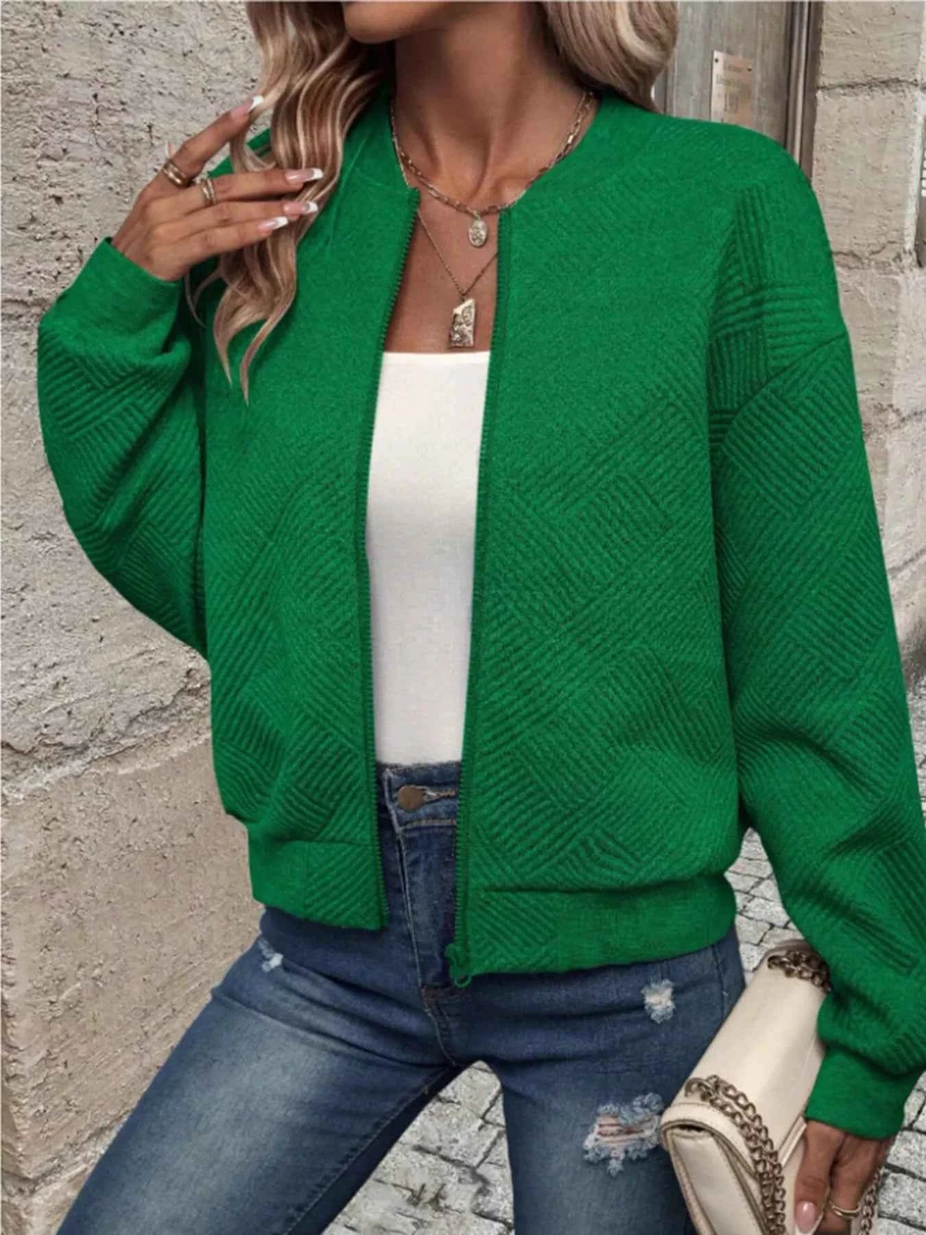 Texture Zip-Up Bomber Jacket Green 73e2eeac748a4fb5aaeee03e23f6b6eb-Max-Origin