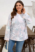 Green Plus Size Camouflage Print Drop Shoulder Loose Pullover Top 73fac56fe249052a