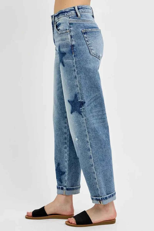 Full Size Mid Rise Boyfriend Star Shadow Detail Cuffed Jeans Plus Size 73fc8e93036845289f32fb23d8583e37-Max-Origin