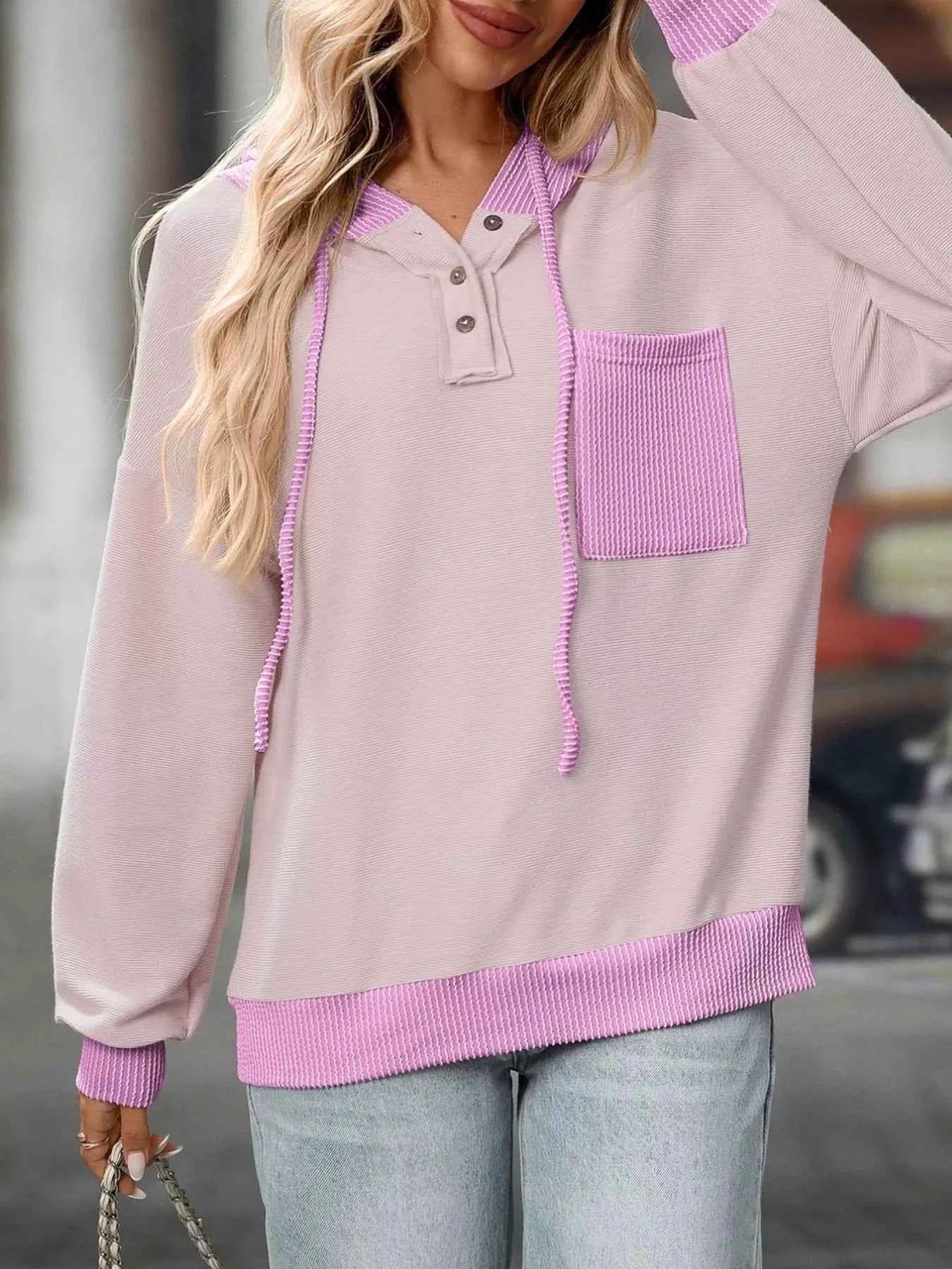 Casual Color Block Button Detail Hoodie 73fcb950-4984-4119-a700-b90a383c2645-Max-Origin