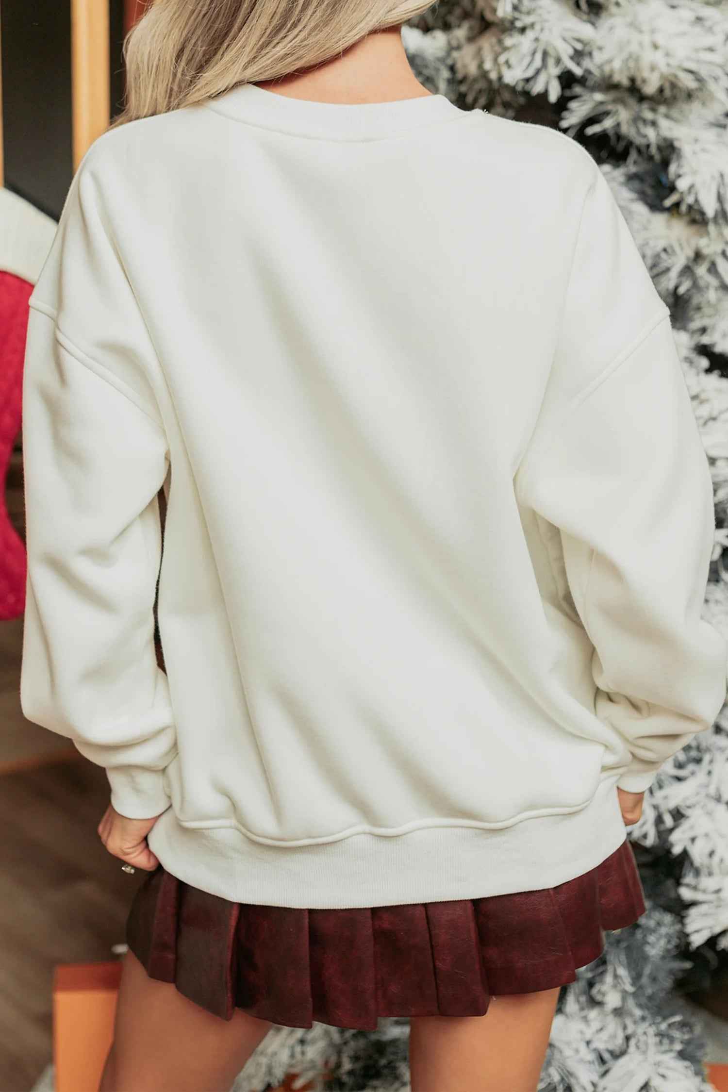 White Christmas Tree Ribbon Bow Printed Drop Shoulder Sweatshirt 73fcbf0b5dcd914b