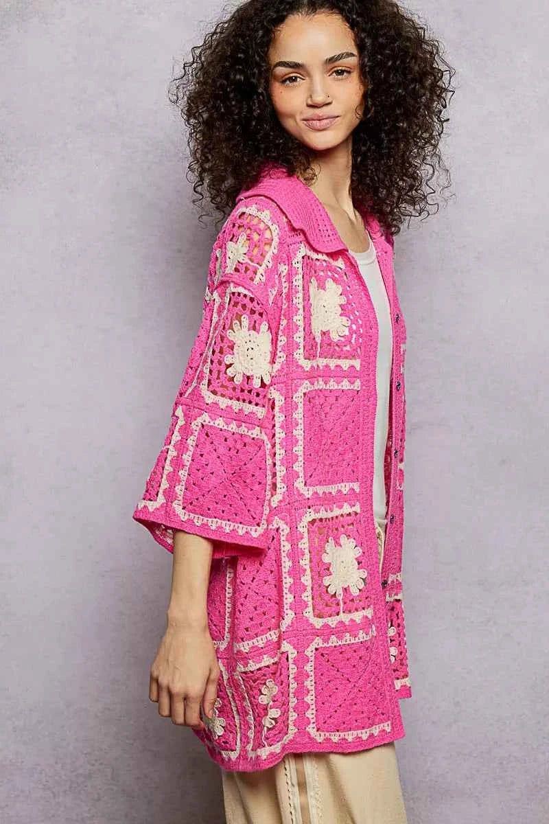 POL Button Down Openwork Floral Crochet Shirt with Granny Square Pattern 74069565-e7df-4471-8b74-5def60c6e90d-Max-Origin
