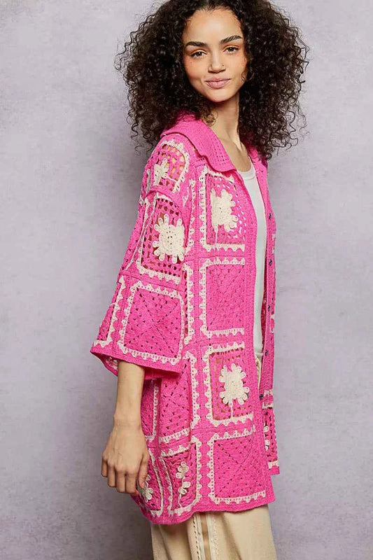 Button Down Openwork Floral Crochet Shirt with Granny Square Pattern 74069565-e7df-4471-8b74-5def60c6e90d-Max-Origin