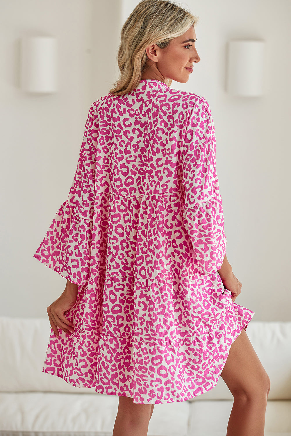 Bright Pink Leopard Print Flounce Sleeve Mini Dress 740c99eafc7a0d0e