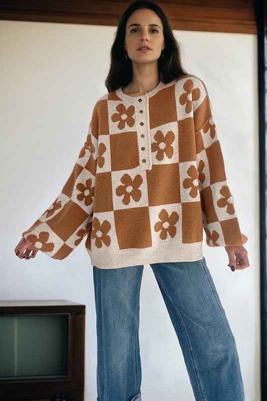 Flower Checker Henley Baggy Sweater 740fdd80-6dae-4bb6-a90f-98ffcee10b87
