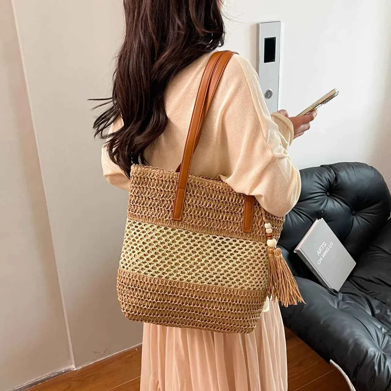 Contrast Woven Straw Beach Tote Bag with Tassel Detail Taupe onesize 7411f140991740f8bbe1d2872ac0f0bc-Max-Origin