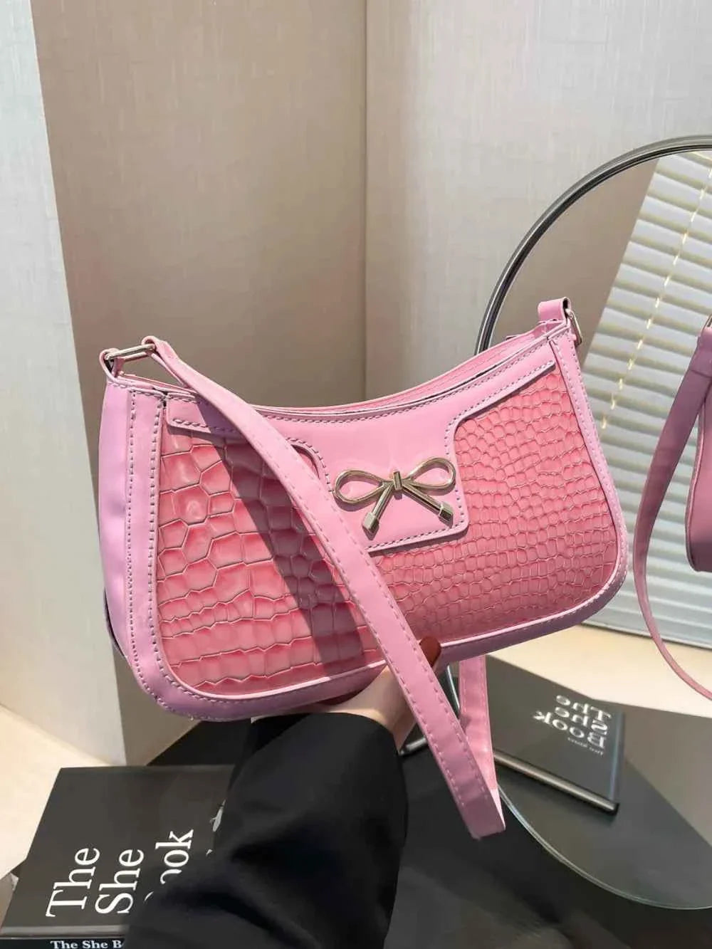 Crocodile Pattern Shoulder Bag with Bow Detail 7413f59f-47fa-4fc6-a4a0-346cad7ed0e6-Max