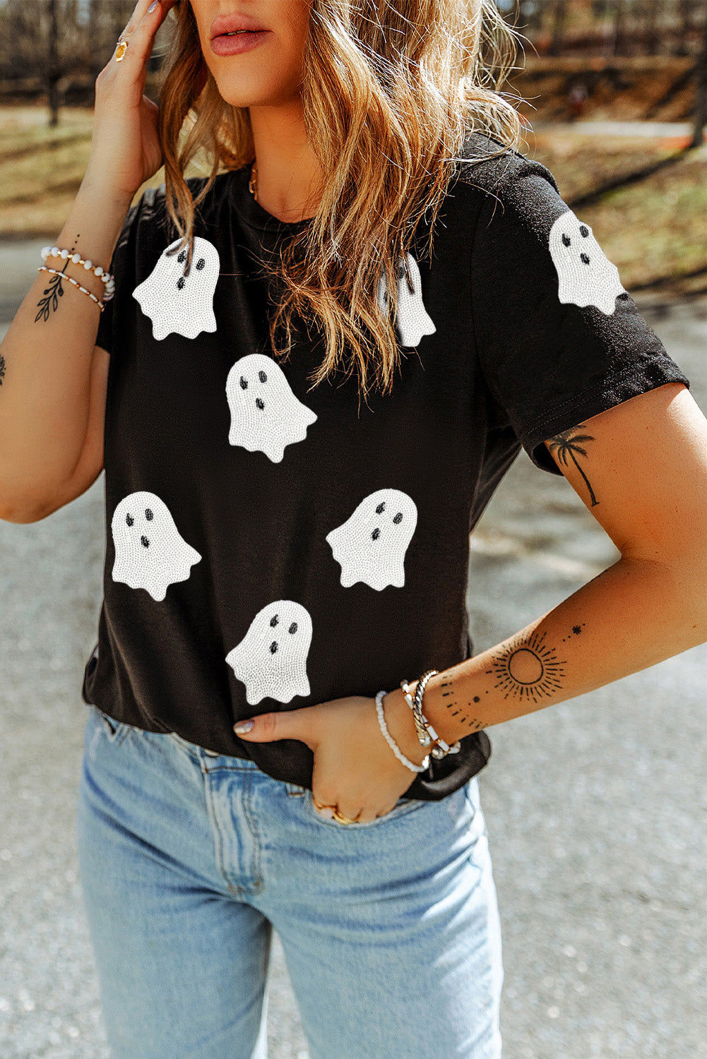 Sachet Pink Halloween Ghost Sequins Patch Casual T Shirt 741699dd2acd42b6