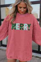 Racing Red Corded MERRY Christmas Letter Terry Flocking Sweatshirt 74170f8fb6a2006d