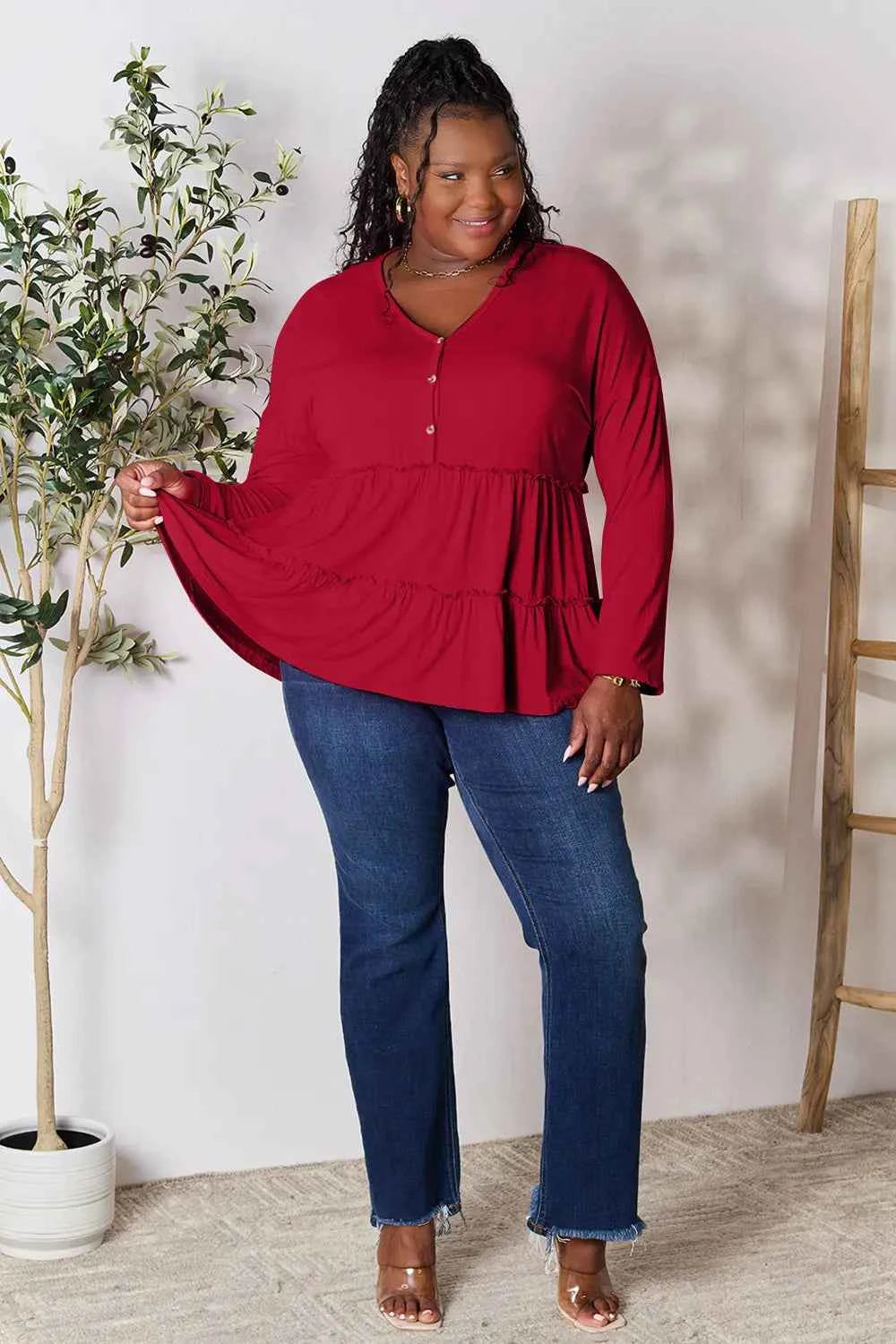 Double Take Half Button Long Sleeve Ruffle Hem Blouse 741a0cf1c57b4138b88fe7174c3bb4b0-Max