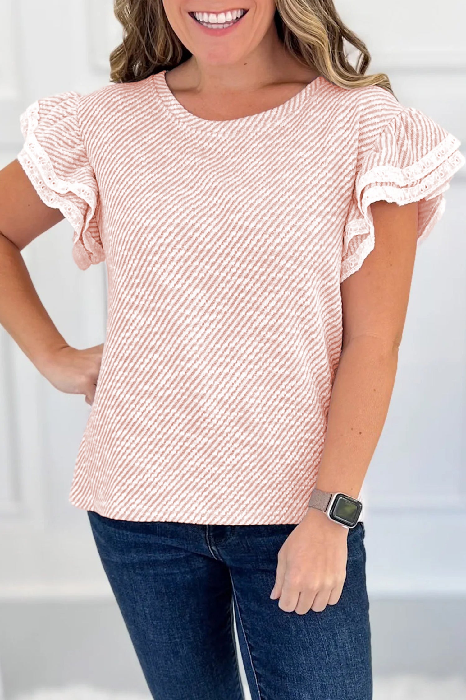 Light Pink Twilled Print Lace Trim Ruffled Short Sleeve Blouse Light Pink 70%Polyester+25%Cotton+5%Elastane 741a871df0edb670