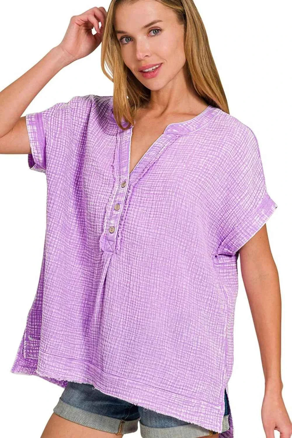 Zenana Washed Double Gauze 3/4 Button Henley Neck Shirt B LAVENDER 741f341d-8a86-4746-8f5d-9c941bbe09d1-Max-Origin