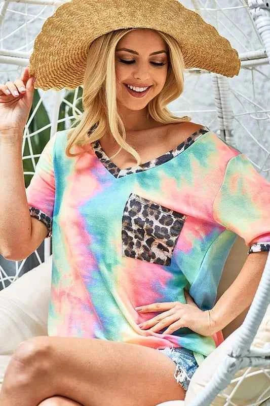 BiBi Tie Dye Print V Neck Top With Front Patch Pocket 742aa68174db4a28aa9bb04dff424469-Max-Origin