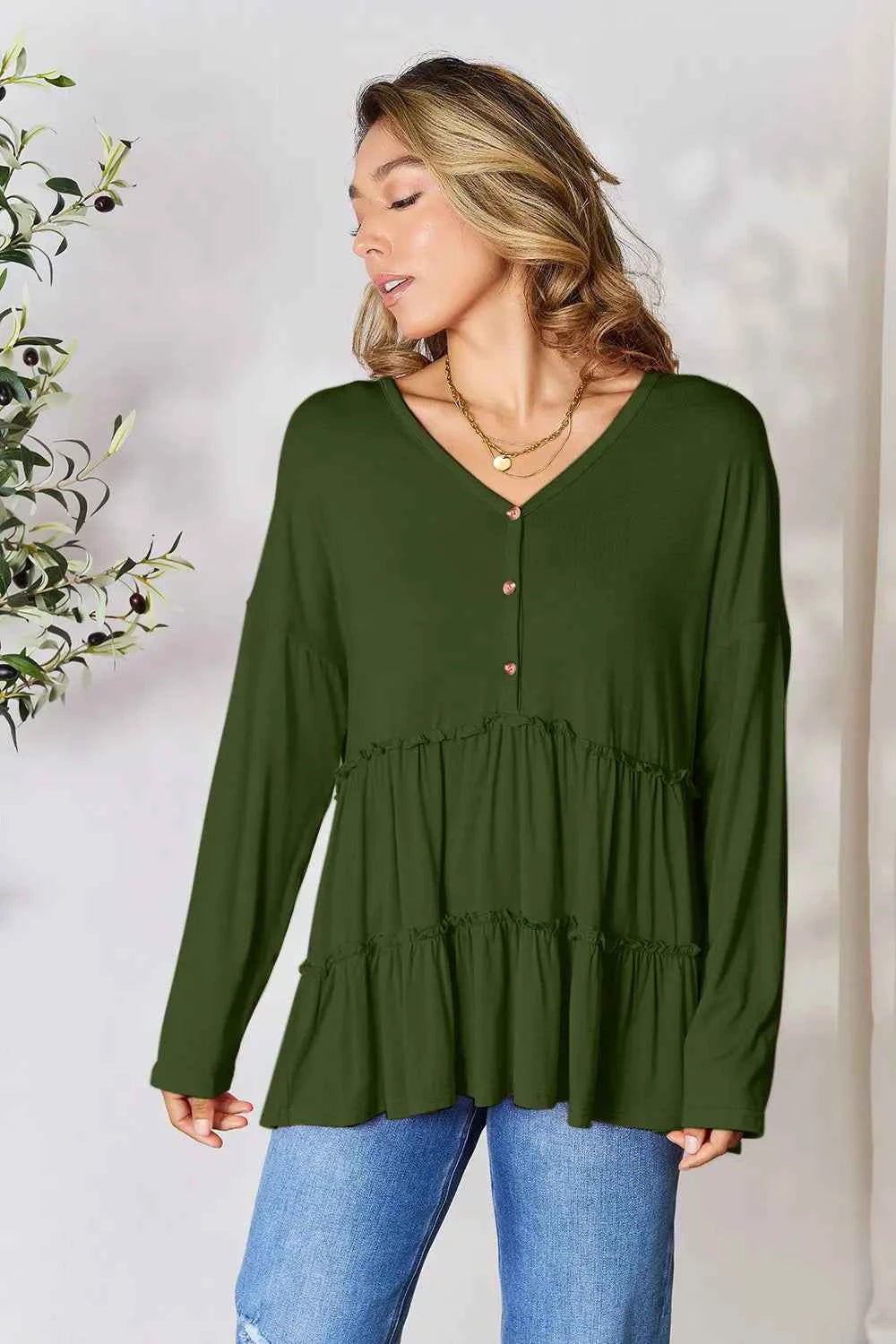 Double Take Half Button Long Sleeve Ruffle Hem Blouse 742dc7138dc24a0b90a7c39d2c460d5c-Max
