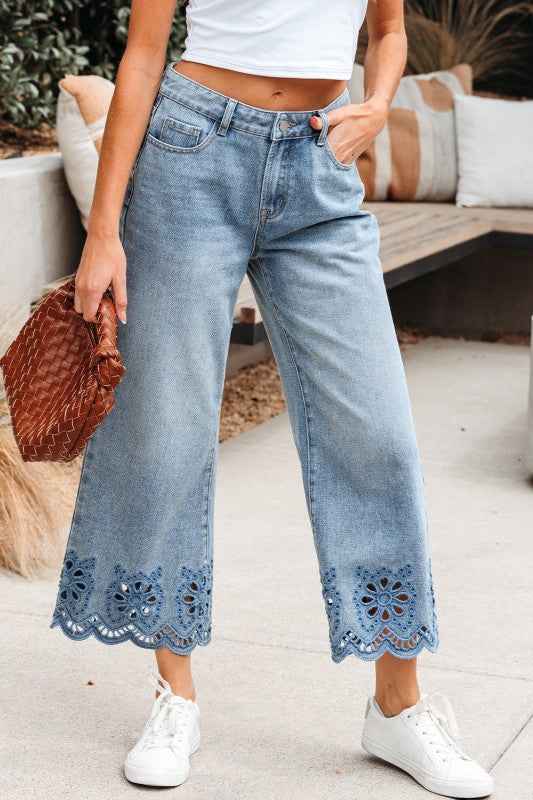 Solid Denim Embroidered Wide Leg Jeans 742dd9f3-f5db-4dfd-8c79-a1546b1d1232
