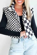 Black Checkered Stand Collar Cropped Puffer Vest Black Shell:100%Polyester+Lining:100%Polyester+Filling:100%Polyester 742fce75f624a23c