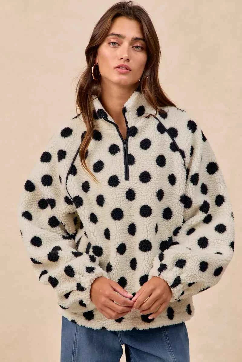 Polka Dot Sherpa Half Zip Up Top with Side Pocket IVORY BLACK 74303ae6-f2e4-439f-aa17-542865355c3a-Max-Origin