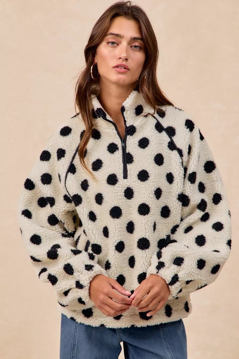 BiBi Polka Dot Sherpa Half Zip Up Top with Side Pocket IVORY BLACK 74303ae6-f2e4-439f-aa17-542865355c3a-Max-Origin