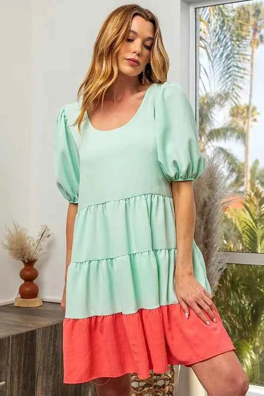 Two-Tone Balloon Sleeves U Neck Tiered Ruffle Hem Mini Dress 743084ae6da84103a152c5825405df91-Max-Origin