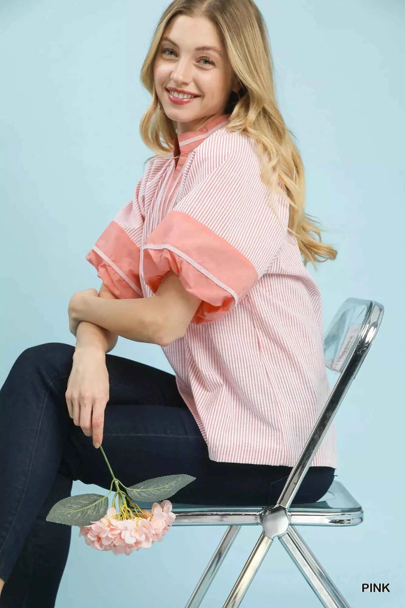 Umgee Striped Mixed Puff Sleeve Blouse 7430ad2b-cec6-4acd-b541-b2bbe2b003d8-Max-Origin