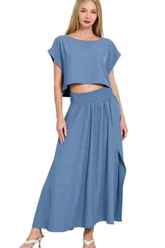 Zenana Heavy Woven Span Crop Tee & Skirt Set DUSTY BLUE 743bc501-352d-4d94-9b7e-da4a678a28b4-Max-Origin