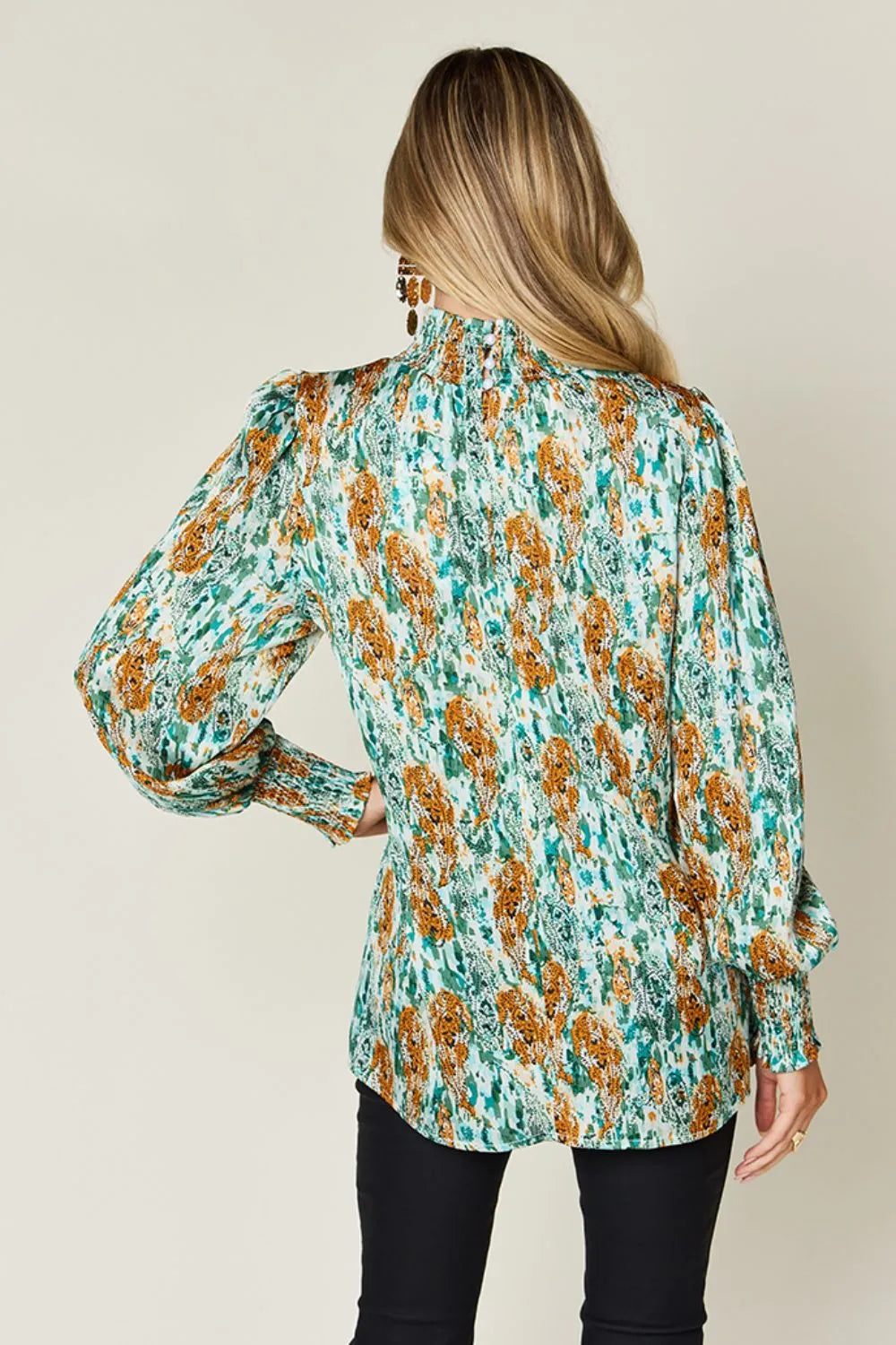 Double Take Full Size Printed Smocked Long Sleeve Blouse 743c7b4e-18f4-4080-b718-f84f1e87de5b-Max