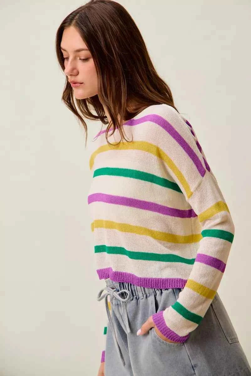 SO ME Mardi Gras Color Stripe Lightweight Sweater Top 743e6b9c63e14fe18fea46aa8e0db36e-Max-Origin