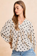BiBi Polka Dot Corduroy Quarter Sleeves V Neck Blouse 743eb7b2d8eb42538ae910b6a26b5336-Max-Origin