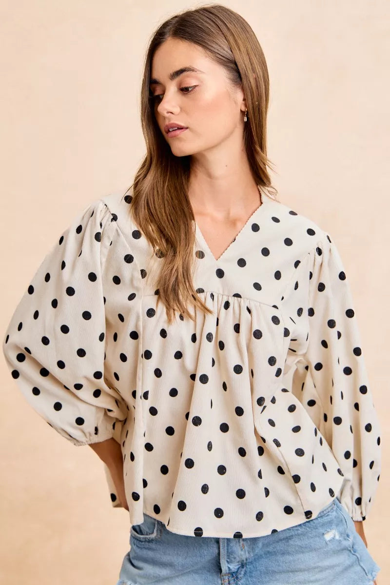 BiBi Polka Dot Corduroy Quarter Sleeves V Neck Blouse 743eb7b2d8eb42538ae910b6a26b5336-Max-Origin