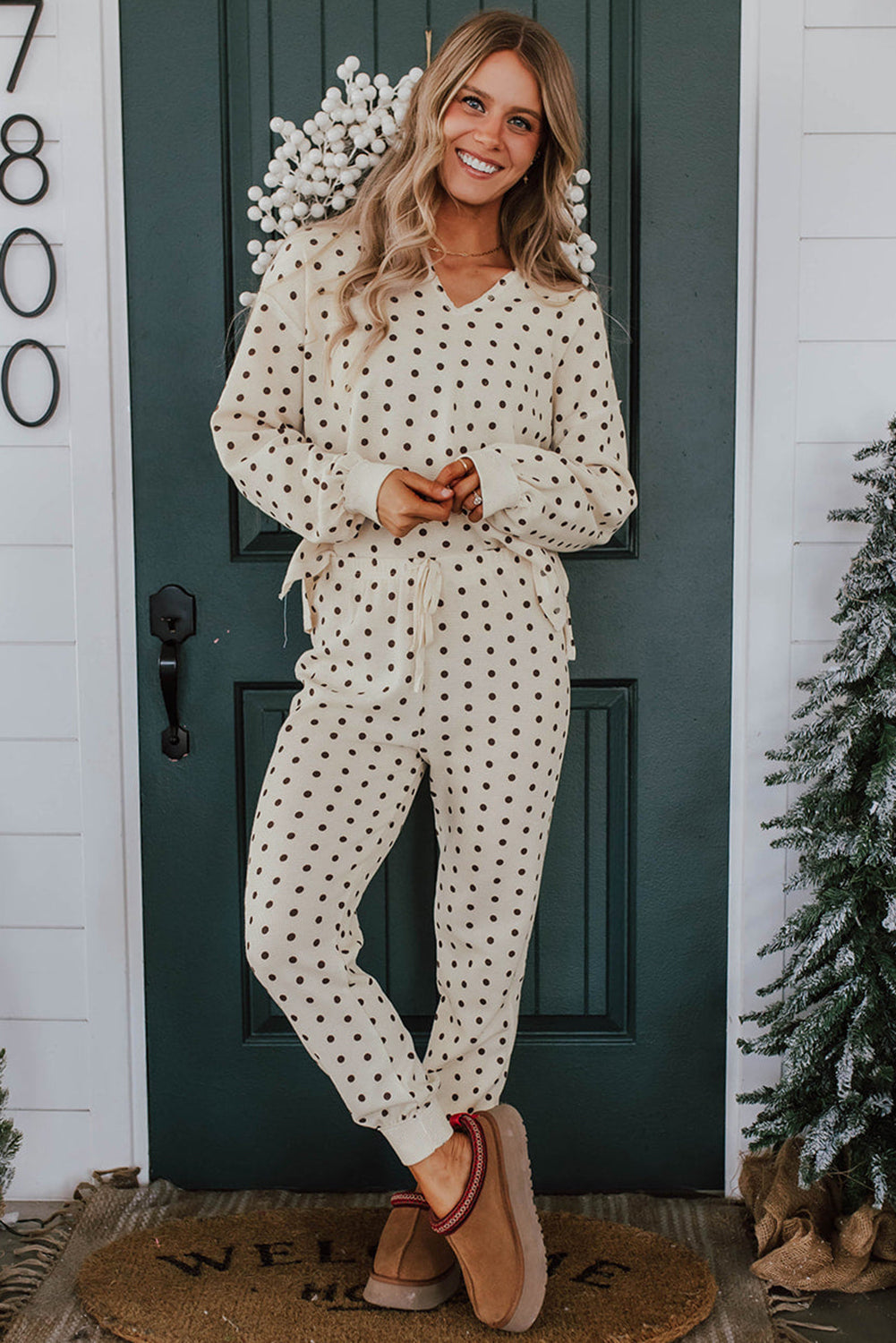 White Polka Dot Print Pullover Drawstring Jogger Pants Pajama Set 74452791b5fab5bf