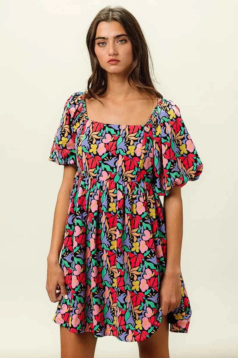 Floral Print Puff Square Neck Dress 744805f7a0744a9c9c18aceab944420e-Max-Origin