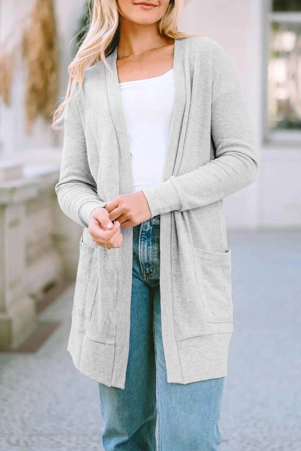 Pocketed Open Front Long Sleeve Cardigan Gray 7449c7d9-2205-41b4-8bf7-c55246cc24fb-Max