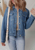 Blue Double Flap Pocket Denim Textured Button Down Jacket Blue 73%Cotton+21%Polyester+6%Viscose 744c28d33ea127ba