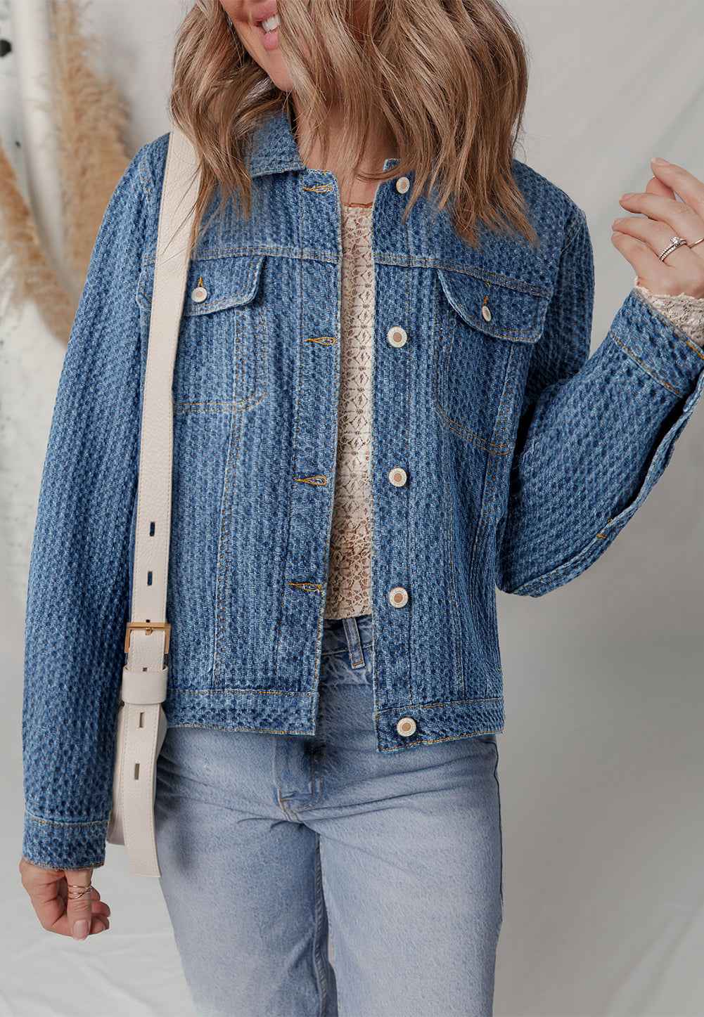 Blue Double Flap Pocket Denim Textured Button Down Jacket Blue 73%Cotton+21%Polyester+6%Viscose 744c28d33ea127ba