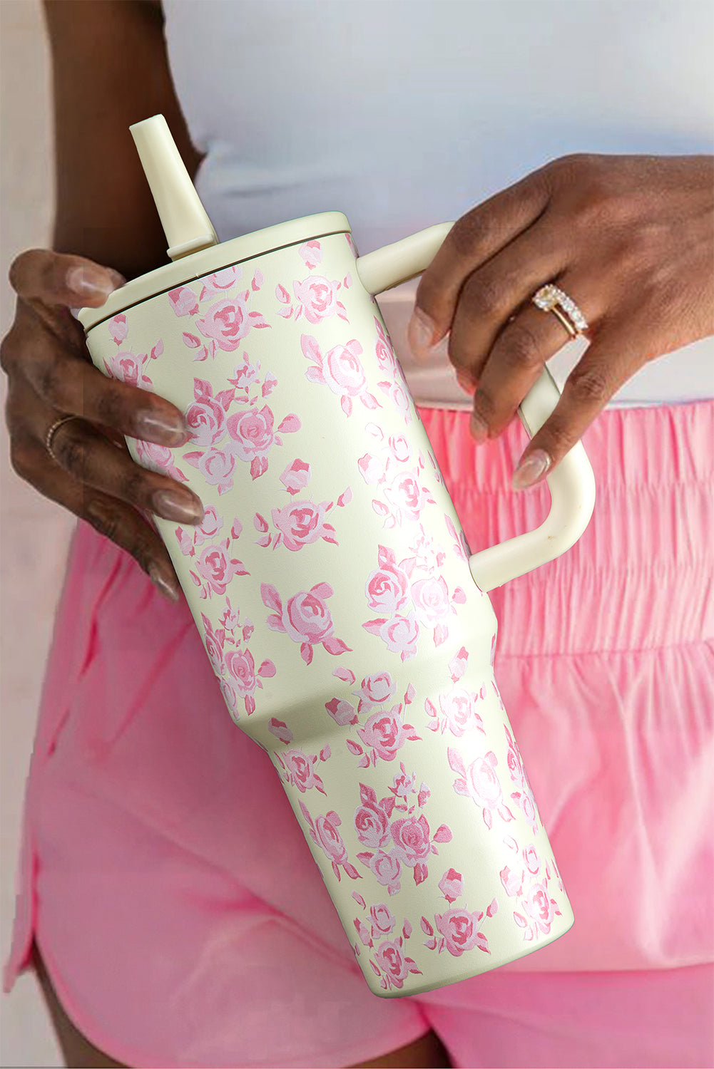 White Flower Print Handle Insulated Large Tumbler 744d935c8cd2886b