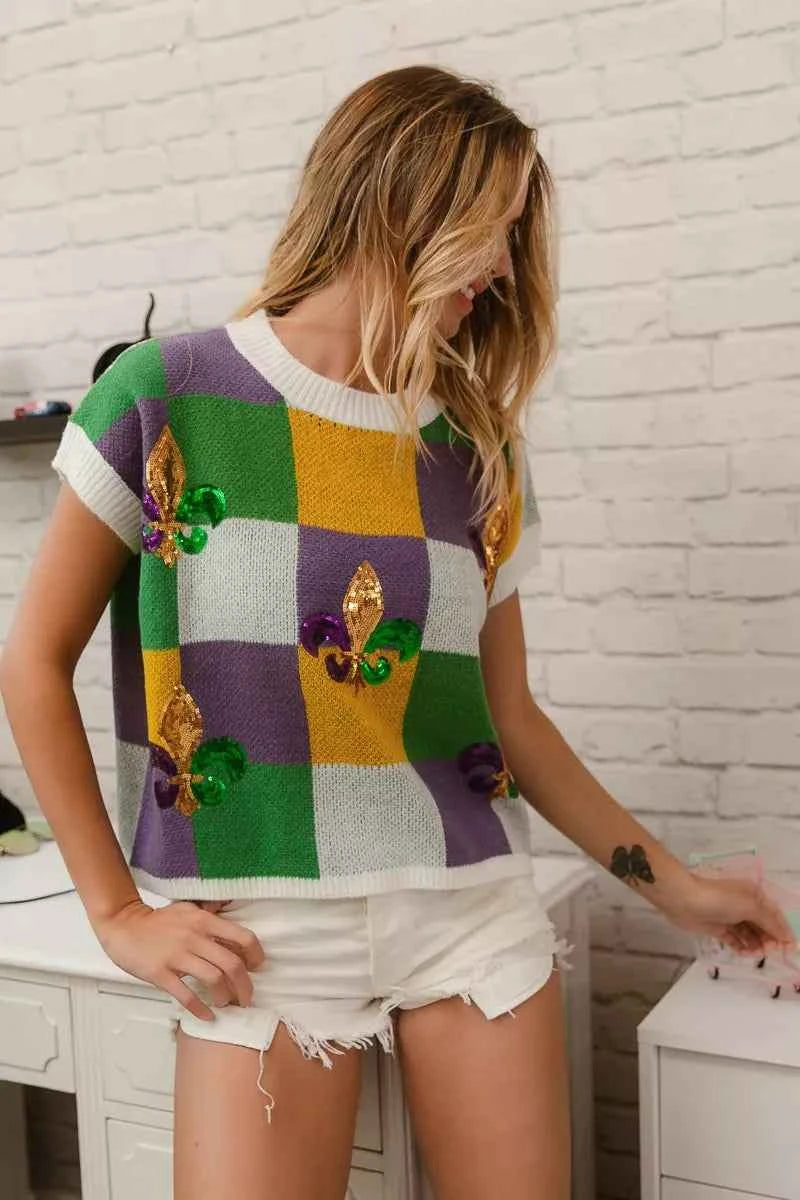 BiBi Sequin Embroidery Mardi Gras Checker Sweater Top 745258403f36400bbd54ba576106159b-Max-Origin