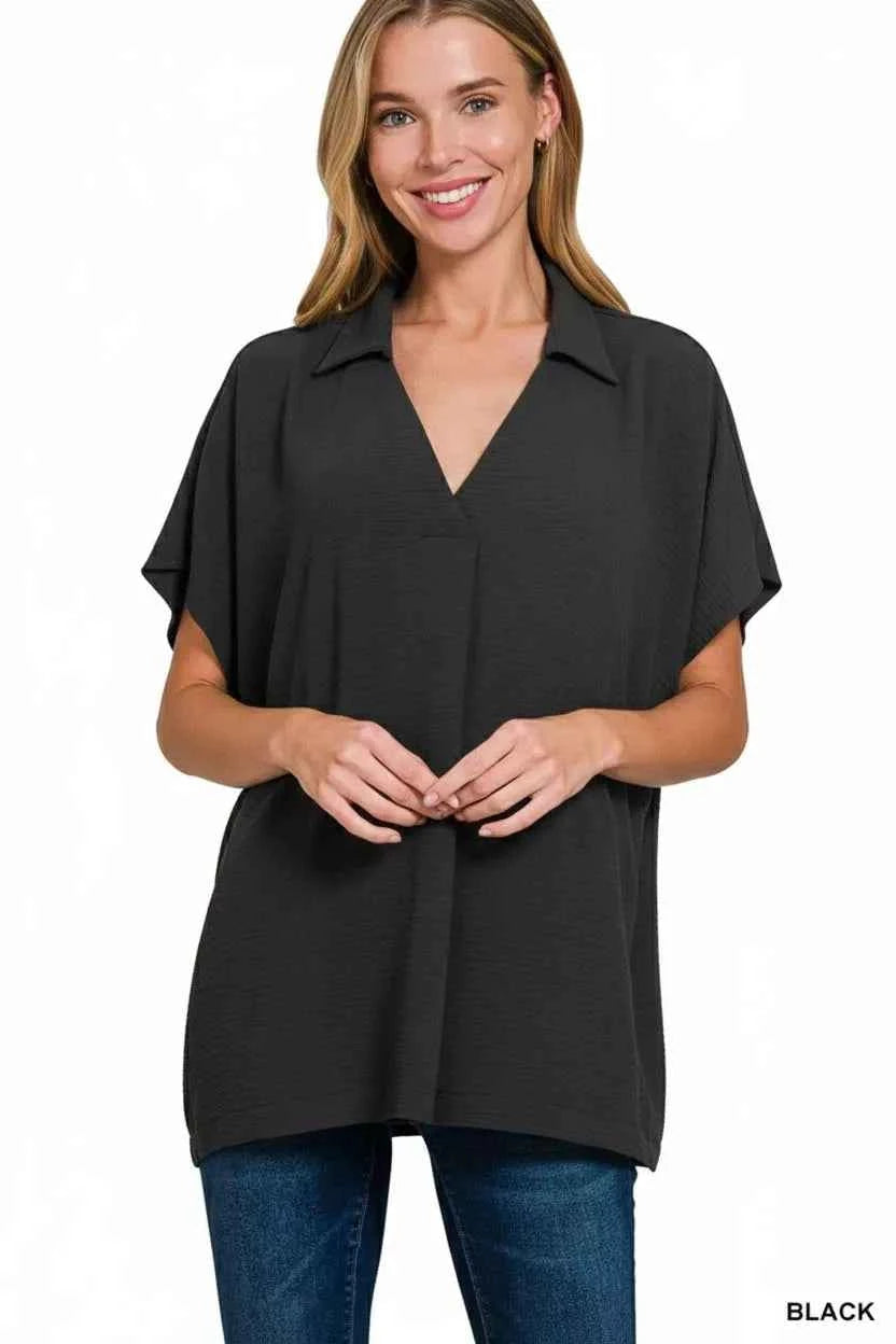 Zenana Woven Airflow Collared Short Sleeve Top 74677bca-1096-4c1e-9ac7-0f0ef1869f6f-Max-Origin